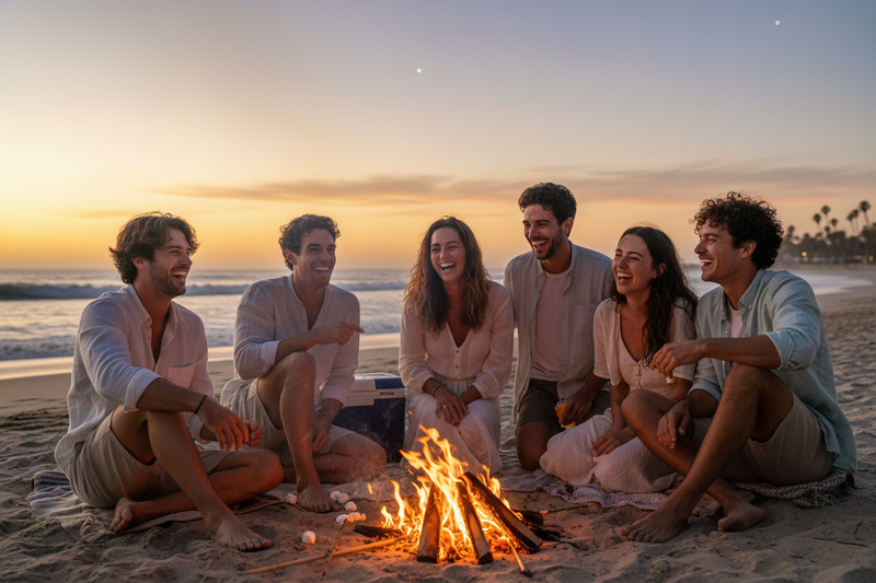 group of friends laughing near a bonfire at the beach