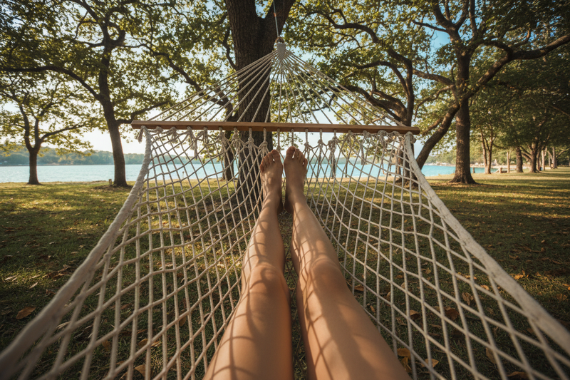 pov of someone relaxing in a hammick with their legs/feet showing 