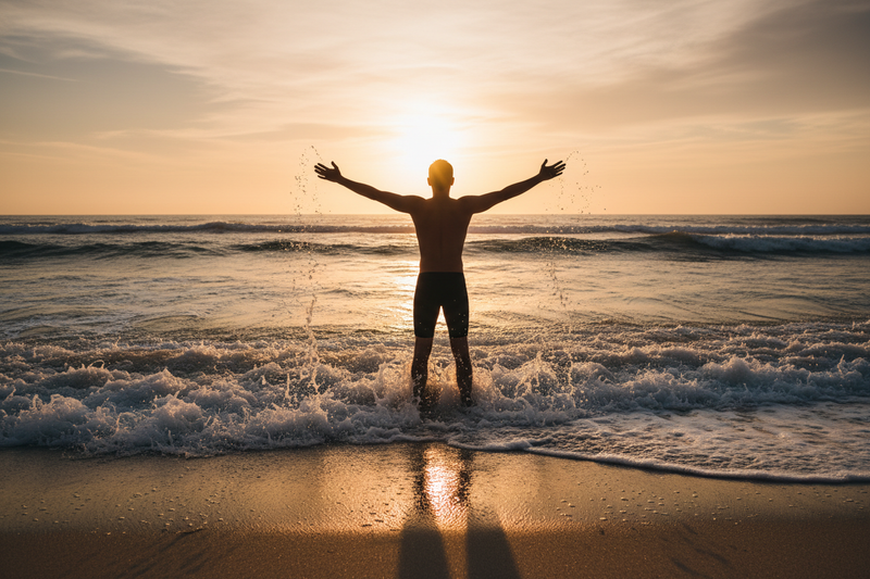 someone at the base of the waves at the beach with their hands out to their side in a victory pose (their back is facing the camera) 